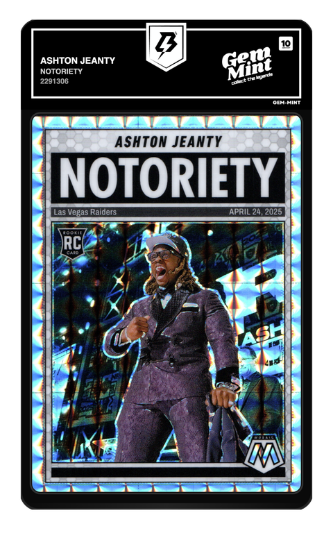 Ashton Jeanty 2025 Notoriety graded Gem Mint 10 by TradingCard360