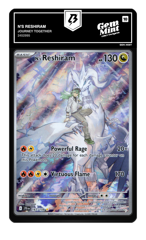 N's Reshiram 2025 Journey Together graded Gem Mint 10 by TradingCard360