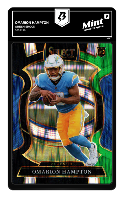 Omarion Hampton 2025 Green Shock graded Mint 9 by TradingCard360
