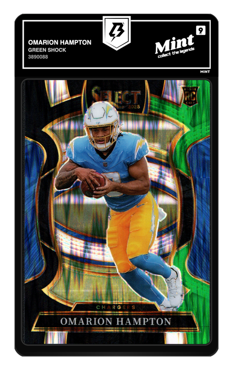 Omarion Hampton 2025 Green Shock graded Mint 9 by TradingCard360