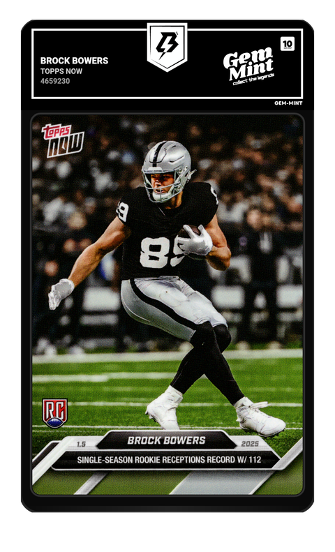 Brock Bowers 2025 Topps Now graded Gem Mint 10 by TradingCard360