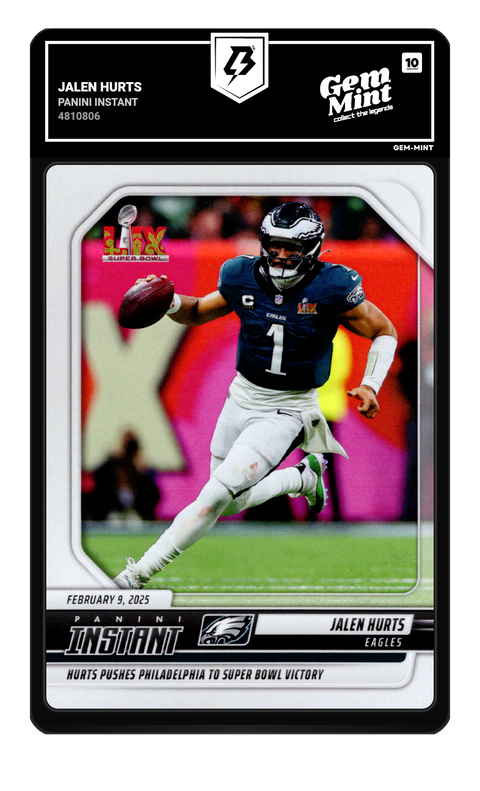 Jalen Hurts 2025 Panini Instant graded Gem Mint 10 by TradingCard360