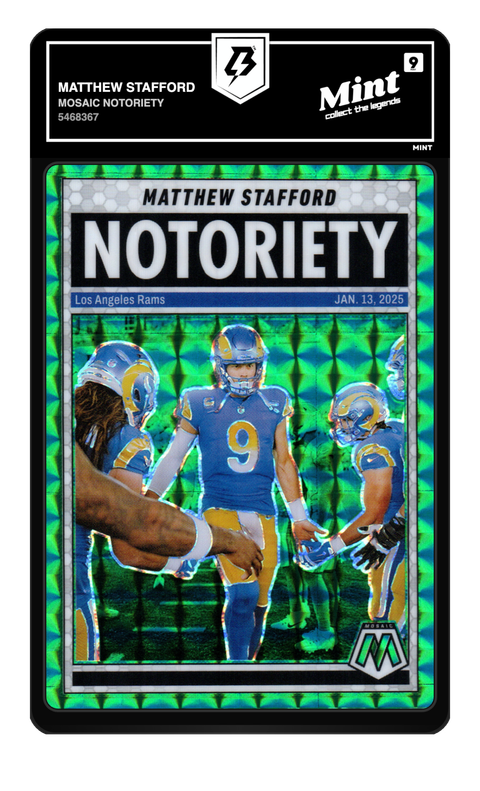 Matthew Stafford 2025 Mosaic Notoriety graded Mint 9 by TradingCard360