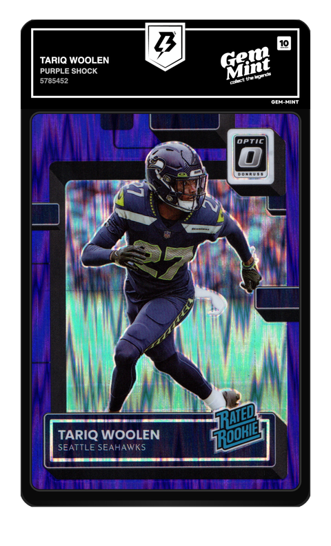 Tariq Woolen 2022 Purple Shock graded Gem Mint 10 by TradingCard360