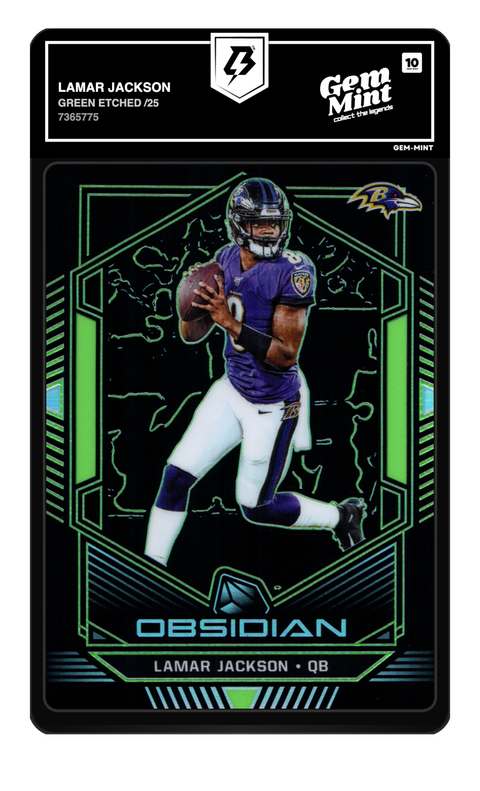 Lamar Jackson 2019 Green Etched /25 graded Gem Mint 10 by TradingCard360