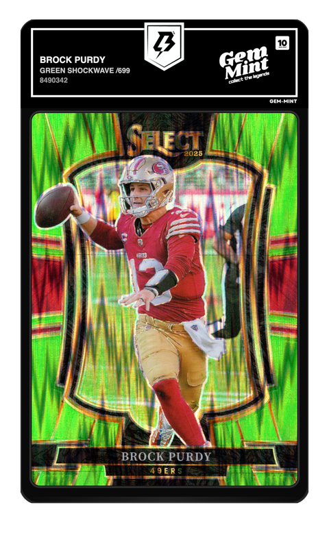 Brock Purdy 2025 Green Shockwave /699 graded Gem Mint 10 by TradingCard360